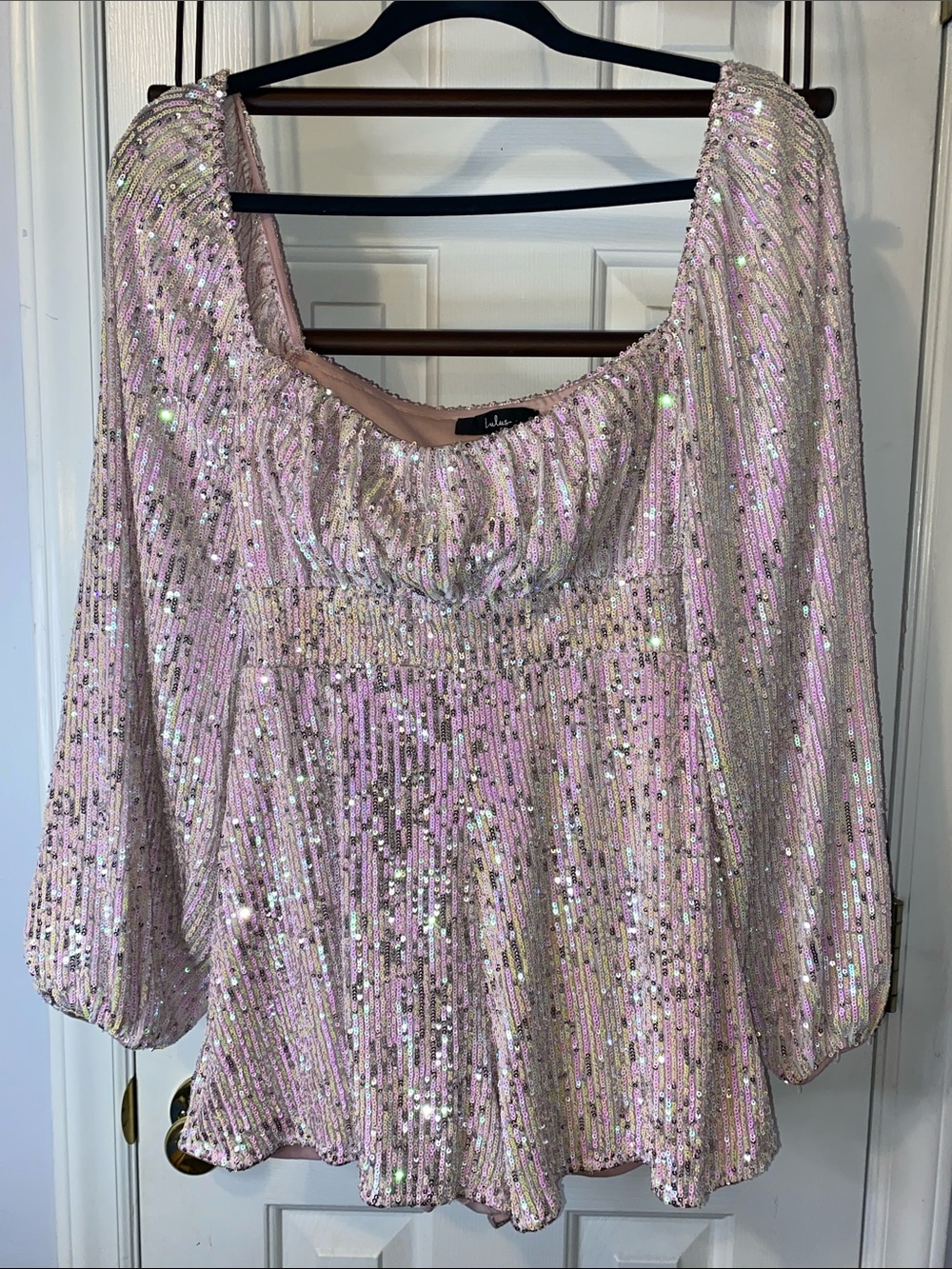 EUC Lulus Blushing Sweetie Shiny Light Pink Iridescent Sequin Romper, sz. S